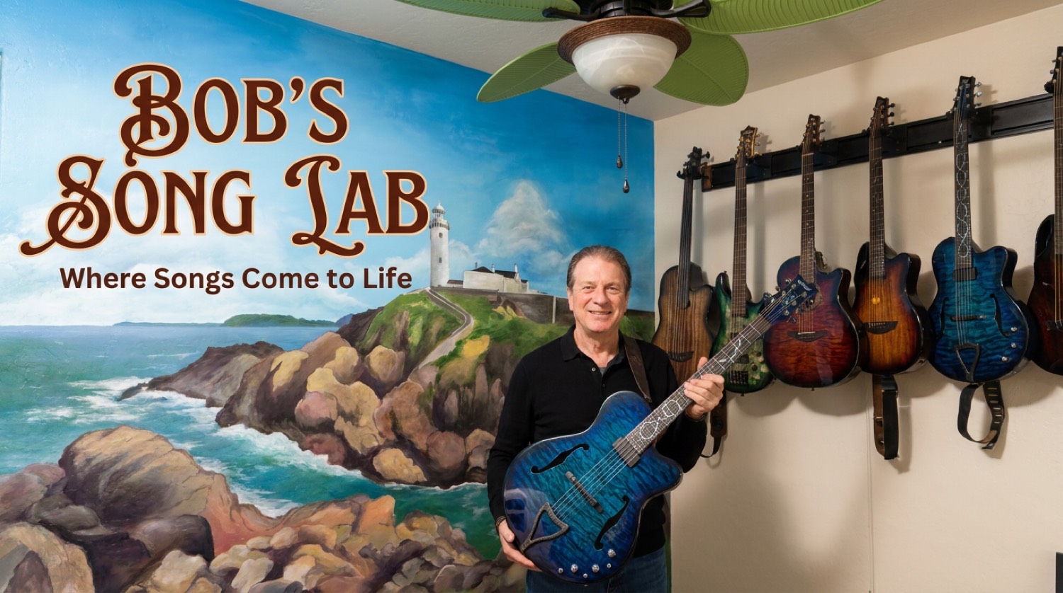 Bob in the Song Lab with the coastal lighthouse mural and guitar wall